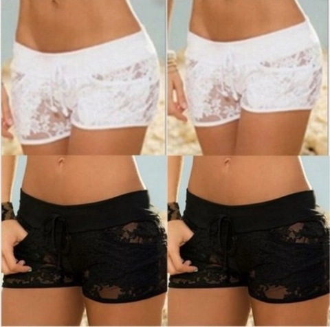 Pantalones Cortos Sexys de Encaje para Mujer Transparentes de Ganchillo Floral Cordón Ajustable Playa Verano Lencería
