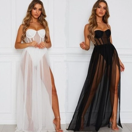 Damen Sexy Netz Durchsichtiges Maxikleid Korsett-Stil Bustier Hoher Schlitz Abendparty Kleid Elegantes Enges Langes Kleid