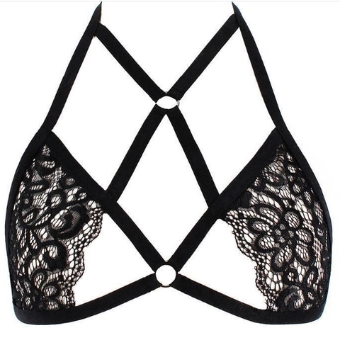 Ensemble de Lingerie Sexy pour Femmes en Dentelle Avec Lanières Croisées Bralette Ajourée et String Avec Décoration en Anneau Métallique
