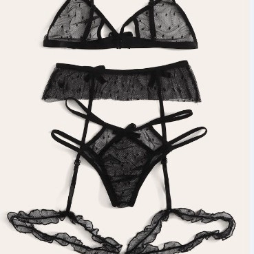 Sexy Punktierung Netz Lingerie-Set Mit Strapsgürtel Spitze BH Und Höschen Schleife Detail Nachtwäsche Für Damen Romantisch