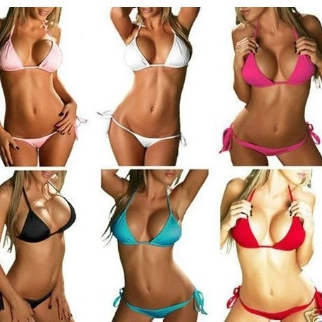 Women Sexy Micro Bikini Top And Bottom Halter Tie Side Swimsuit Polyester Lingerie Beachwear Solid Color Camouflage