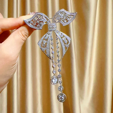 Spilla a Fiocco Traforata con Nappa e Zircone in Rame Placcato Argento Corsage di Lusso per Donna Gioielli da Banchetto Matrimonio