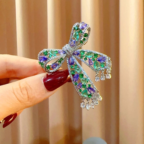 Luxury Copper Bow Brooch With Colorful Gemstone Tassel Pendant Vintage Exquisite Corsage For Women Suit Coat Jewelry