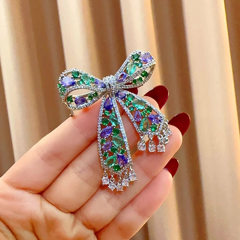 Luxury Copper Bow Brooch With Colorful Gemstone Tassel Pendant Vintage Exquisite Corsage For Women Suit Coat Jewelry