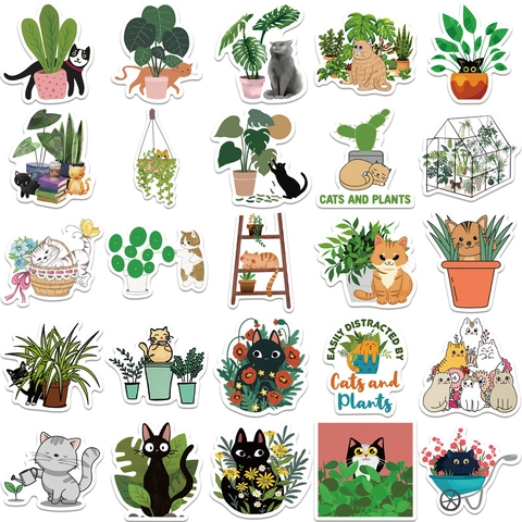 Cartoon Katze Und Topfpflanze Aufkleber Wasserdicht PVC Decals Für Laptop Koffer Wasserflasche Scrapbooking Journal DIY Label