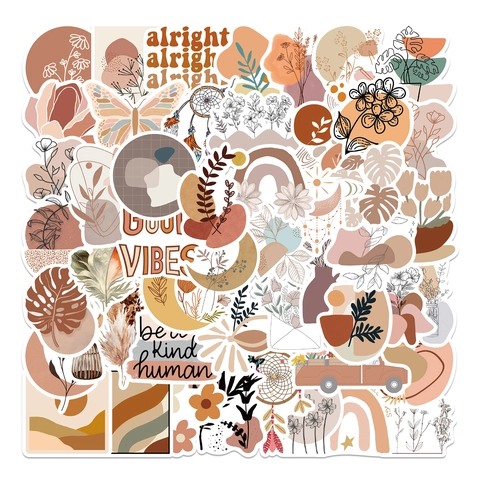 Bohemian Boho Stil Wasserdichte PVC Aufkleber Für Laptop Gepäck Gitarre Erdtöne Botanische Florale Ästhetische Decals Set