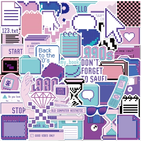 Retro Purple Pixel Art Stickers Aesthetic Y2K Vaporwave Waterproof Vinyl Decals For Laptop Suitcase Guitar Journal DIY Decoration