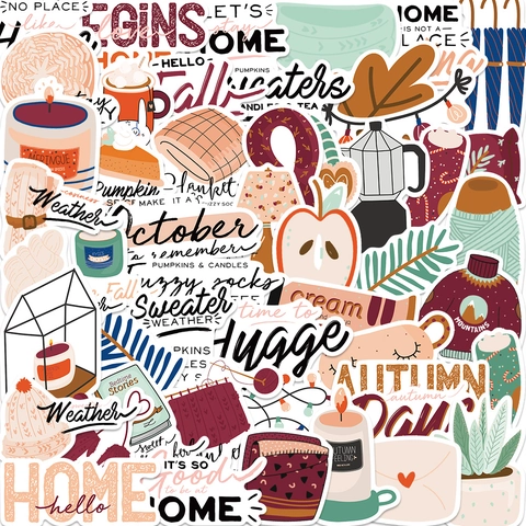 Herbst Hygge Ästhetische Vinyl Aufkleber Wasserdicht Cartoon Herbstblatt Kürbis Decals Für Laptop Gepäck Journal Deko