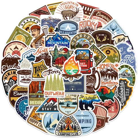 Vintage Outdoor Camping Stickers Waterproof PVC Decals Mountain Forest Wild Adventure Theme For Laptop Suitcase Guitar DIY Decoration