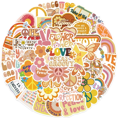 Pegatinas Groovy Boho Hippie Impermeables PVC Para Portátil Maleta Guitarra Diario Cuaderno Retro Estilo Estético