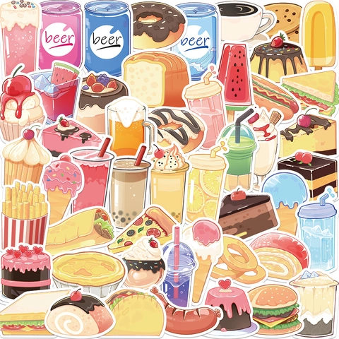 Waterproof PVC Cartoon Food Beverage Stickers Hand Drawn Doodle Decals For Laptop Water Bottle Suitcase Journal DIY Decoration