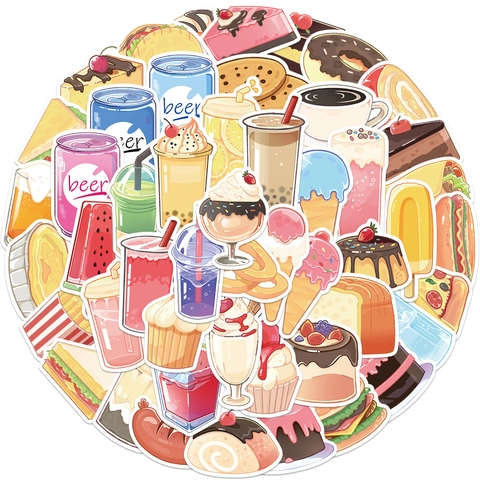 Waterproof PVC Cartoon Food Beverage Stickers Hand Drawn Doodle Decals For Laptop Water Bottle Suitcase Journal DIY Decoration