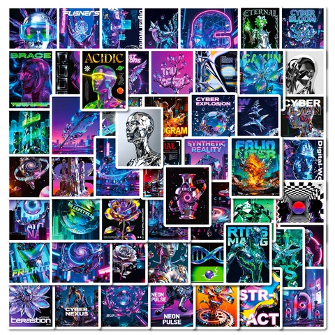 56 Pezzi Adesivi Cyberpunk Acid Graphic Impermeabili Neon Arte Astratta Decalcomanie per Laptop Valigia Skateboard Telefono DIY