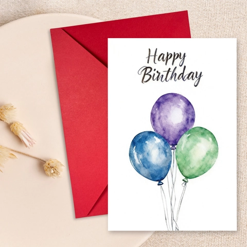 Aquarell Geburtstag Grußkarten Set Mit Roten Umschlägen Handgemalte Illustration Ballons Kuchen Party Geschenkkarten