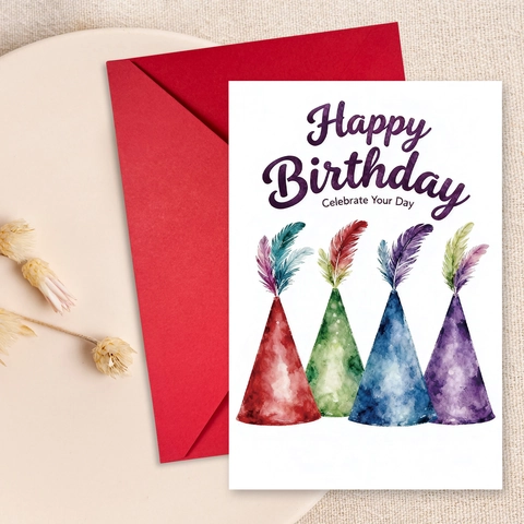 Watercolor Birthday Hat Greeting Cards With Red Envelopes Illustrative Hand Drawn Celebration Cards For Party Guests