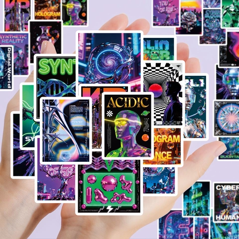 56 Pezzi Adesivi Cyberpunk Acid Graphic Impermeabili Neon Arte Astratta Decalcomanie per Laptop Valigia Skateboard Telefono DIY
