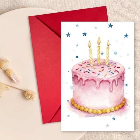 Set di Biglietti d'Auguri Con Torta di Compleanno ad Acquerello Con Buste Rosse Grandi Biglietti in Carta Patinata Per Regalo di Compleanno Anniversario Festa