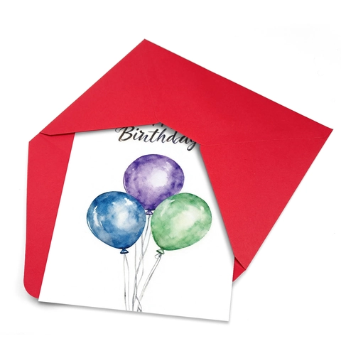 Aquarell Geburtstag Grußkarten Set Mit Roten Umschlägen Handgemalte Illustration Ballons Kuchen Party Geschenkkarten