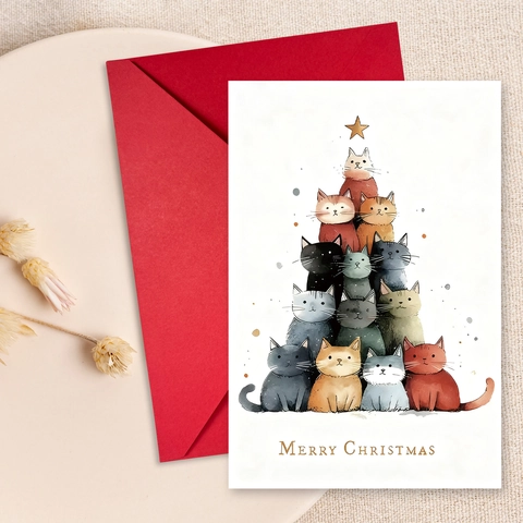 Creative Cat Christmas Tree Greeting Card With Red Envelope Illustration Hand Drawn Holiday Blessing Cards For Christmas