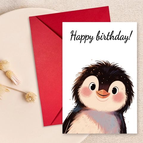 Set di Biglietti di Auguri di Compleanno con Illustrazione di Pinguini Cartoni Animati Con Buste Rosse Simpatici Biglietti Regalo