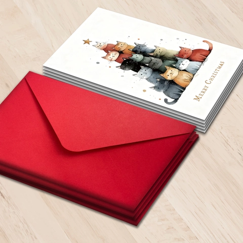 Creative Cat Christmas Tree Greeting Card With Red Envelope Illustration Hand Drawn Holiday Blessing Cards For Christmas