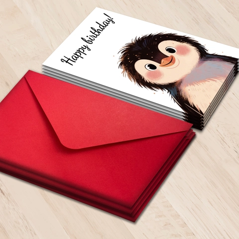 Set di Biglietti di Auguri di Compleanno con Illustrazione di Pinguini Cartoni Animati Con Buste Rosse Simpatici Biglietti Regalo