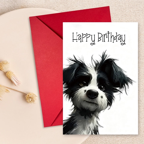 Happy Birthday Greeting Card Red Envelope Cute Dog Illustration Blank Folded Cards Birthday Gift For Friends Family Kids