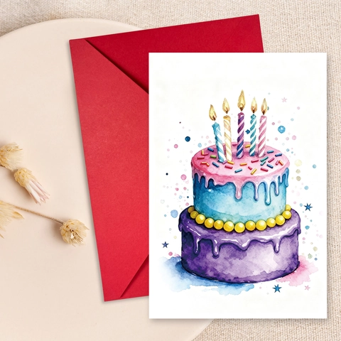 Carte de Voeux d'Anniversaire Aquarelle Avec Enveloppe Rouge Illustration de Gâteau Papier d'Art Pour Cadeau de Fête