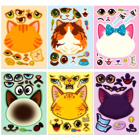 DIY Cat Face Expression Stickers For Kids Cartoon Animal Puzzle Decals Educational Handmade Art Craft Stickers