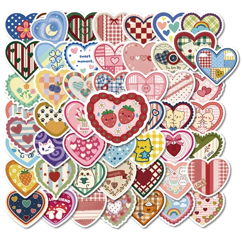 56 Stuks Vintage Hart Doodle Stickers Schattige Cartoon Dier Ruitjespatroon Waterdicht DIY Journal Decoratieve Stickers Set
