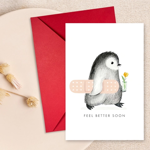 Watercolor Animal Get Well Soon Greeting Card With Red Envelope Coated Paper Hand Painted Penguin Illustration Gift Card
