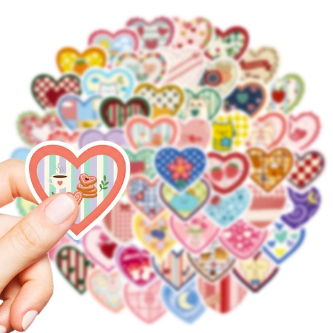 56 Stuks Vintage Hart Doodle Stickers Schattige Cartoon Dier Ruitjespatroon Waterdicht DIY Journal Decoratieve Stickers Set