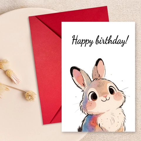 Carte Voeux Joyeux Anniversaire Lapin Aquarelle Avec Enveloppe Rouge Pour Fête Anniversaire Cadeau Carte Et Enveloppe