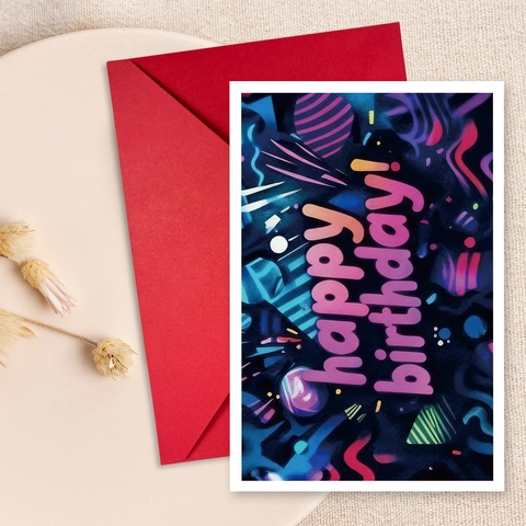 Neon Birthday Greeting Cards With Red Envelopes Modern Abstract Graffiti Happy Birthday Printed Cardstock Gift Stationery