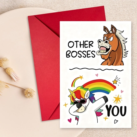 Funny Boss Birthday Greeting Card Coated Paper Humorous Illustration Rainbow Unicorn Bosses Comparison Card With Red Envelope