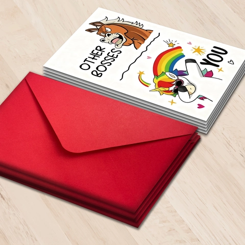 Funny Boss Birthday Greeting Card Coated Paper Humorous Illustration Rainbow Unicorn Bosses Comparison Card With Red Envelope