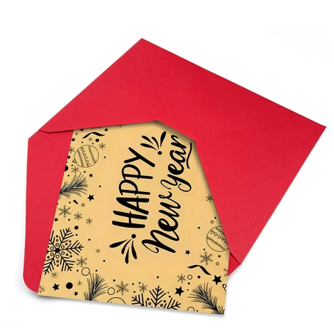 Vintage Frohes Neues Jahr Grußkarte Und Roter Umschlag 300GSM Beschichtetes Papier Handgezeichnete Schneeflocken Kiefernadeln Sternenmuster Feiertagskarten