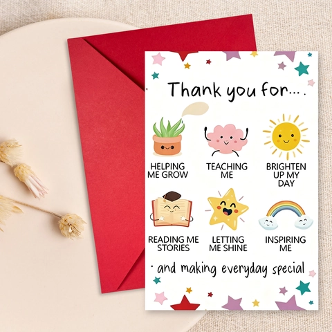 Cartoon Thank You Greeting Card With Red Envelope For Teacher Student Birthday Graduation Stationery Message Gift Greeting Card