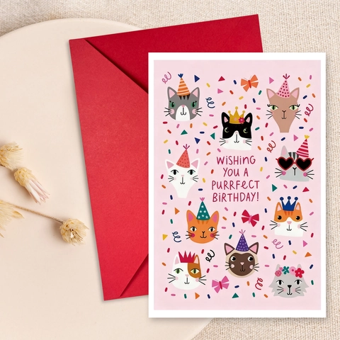 Linda Tarjeta de Felicitación de Cumpleaños de Gato de Dibujos Animados Y Sobre Rojo Tarjeta de Papelería Ilustrada Rosa para Niños
