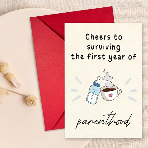 First Year Of Parenthood Greeting Card With Red Envelope Funny New Parents Anniversary Card Minimalist Paper Card Celebration Commemorative Decorative Cardstock Gift