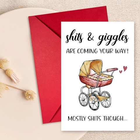 Humorous Baby Greeting Card Watercolor Baby Carriage Print Red Envelope Funny Message Gift For New Parents Baby Shower
