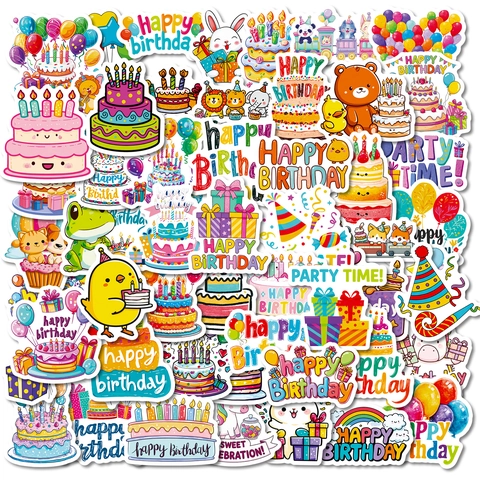 Cartoon Happy Birthday Stickers Waterproof PVC Cute Animal Cake Balloon Graffiti Decals For Kids Party Decoration