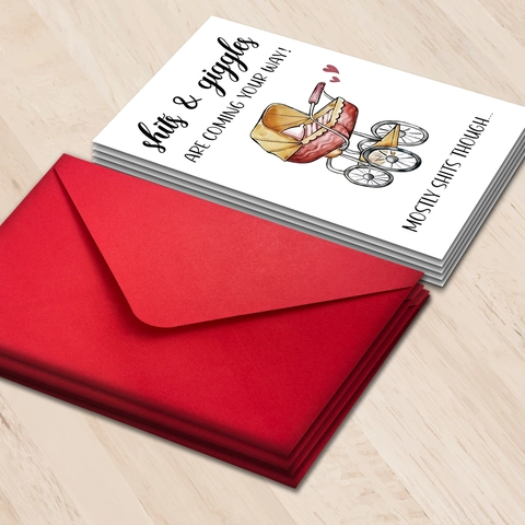Humorous Baby Greeting Card Watercolor Baby Carriage Print Red Envelope Funny Message Gift For New Parents Baby Shower