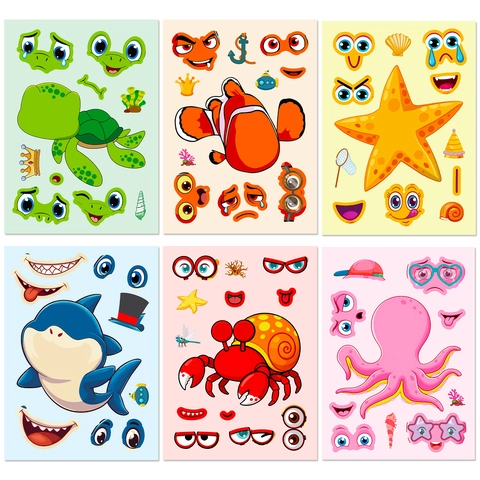 Autocollants Puzzle DIY Animaux Océan Créer Visage Dessin Animé Créatures Marines Autocollants Pour Enfants Jouet Éducatif Cadeaux Fête