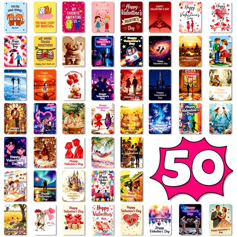 Set di Biglietti d'Auguri per San Valentino Scritta Happy Valentine's Day Motivo a Cuore e Animali Biglietti Regalo Romantici per Coppie