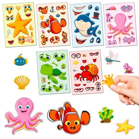 Pegatinas Rompecabezas DIY Animales Del Océano Crea Caras Dibujos Animados Criaturas Marinas Pegatinas Para Niños Juguete Educativo Regalos Fiesta
