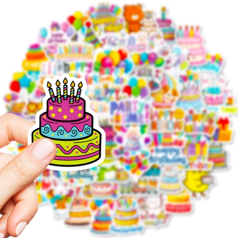 Cartoon Happy Birthday Stickers Waterproof PVC Cute Animal Cake Balloon Graffiti Decals For Kids Party Decoration