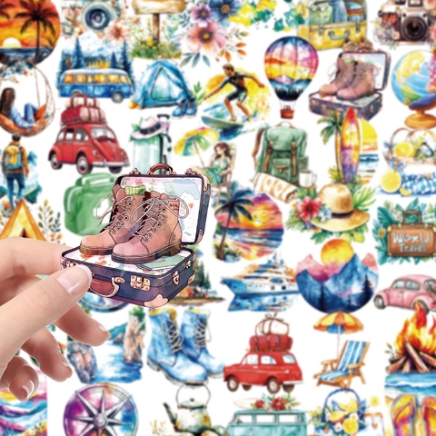 Watercolor Outdoor Travel Theme Cartoon PET Stickers For Scrapbooking DIY Journal Decoration Multi Pattern Stickers Set