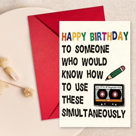 Funny Retro Birthday Greeting Card Set With Red Envelope Humorous Cassette Tape Pencil Illustration Paper Card For Adults