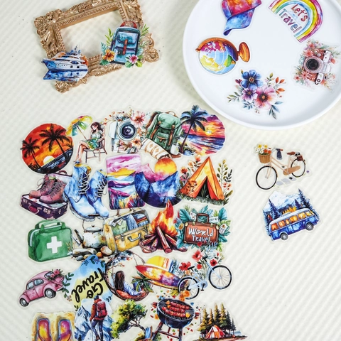 Watercolor Outdoor Travel Theme Cartoon PET Stickers For Scrapbooking DIY Journal Decoration Multi Pattern Stickers Set
